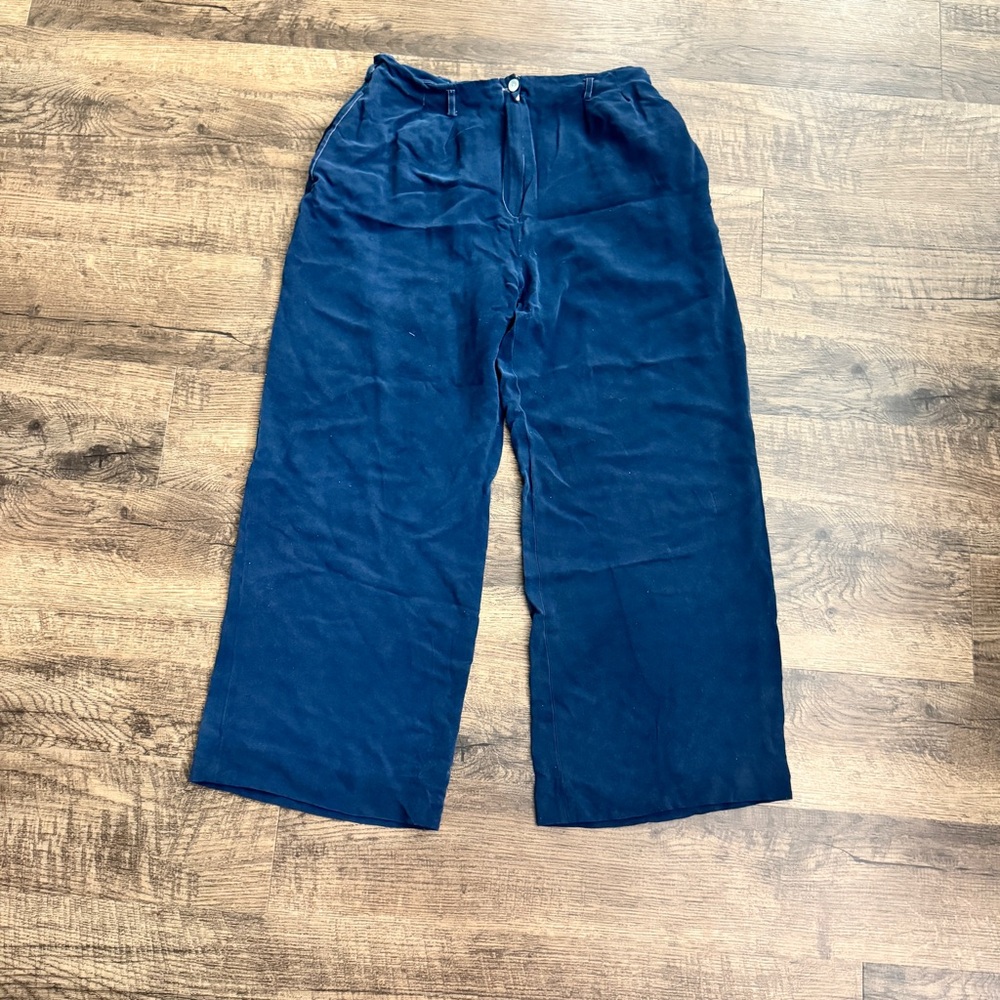 Blue Wide-Leg Silk Pants